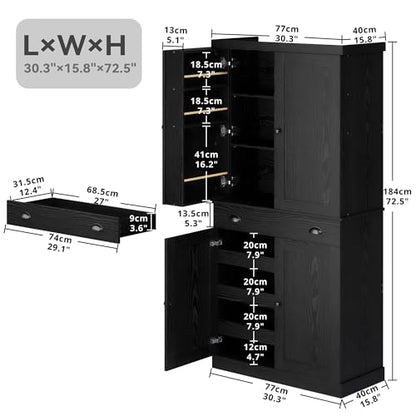 Kitchen Pantry Cabinet 72" Height, Freestanding Cupboard with Drawer, Sliding Storage Rack, and 6 Hanging Shelves for Dining Room, Laundry, Living Room, Black