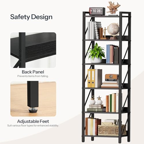 Bookshelf, 6-Tier Industrial Bookcase, Book Shelf Storage Organizer, Tall Bookshelf with Metal Frame for Living Room, Bedroom, Home Office, Kitchen, Black BB72SJ01