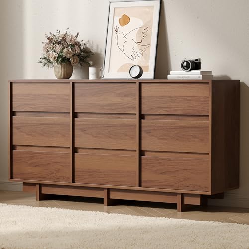 9 Drawer Walnut Dresser for Bedroom,59" Wide Mid Century Modern Dresser, view 2