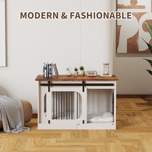 XL Dog Crate Furniture,39.4" Decorative Dog Kennel with Barn Door & Cushion, view 7