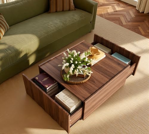 Square Coffee Table with Storage, Mid Century Modern Coffee Table with Wave Design, Wood Grain Finish, Minimalist Center Table with Top-Edge Finger Pull Design for Living Room, Office, Walnut