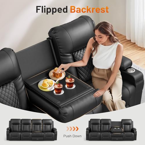 Recliner Sofa, Modern Dual Reclining Sofa with Flip Back Console, 4 Seater PU Leather Recliner Couch for Living Room/RV, with Storage Drawer, USB Ports, Cup Holder, Cell Phone Holder, Black
