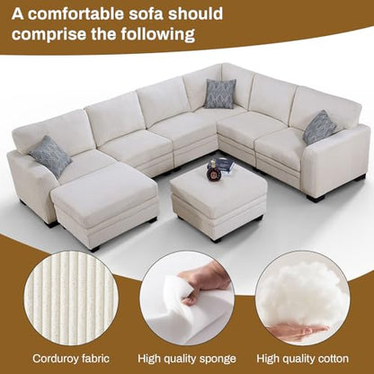 Oversized Modular Sectional Sofa,U/L-Shaped Corduroy Couch with Ottoman,Deep Seat & Removable Cushion,Easy Assembly for Living Room Apartment,8 Seater,Cream