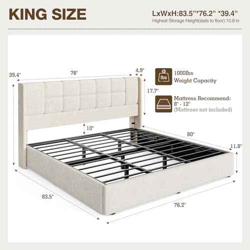 King Bed Frame with Hydraulic Gas Lift Up Storage, Linen Upholstered, view 3