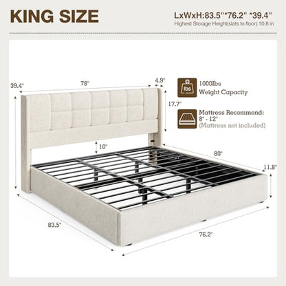 King Bed Frame with Hydraulic Gas Lift Up Storage, Linen Upholstered, view 3