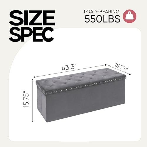 43 in Velvet Storage Ottoman Bench, Foldable Padded Ottoman with Hidden Storage for Bedroom Living Room Entryway, 140L Capacity