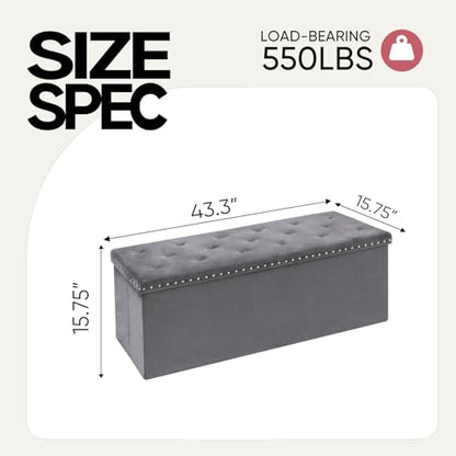 43 in Velvet Storage Ottoman Bench, Foldable Padded Ottoman with Hidden Storage for Bedroom Living Room Entryway, 140L Capacity