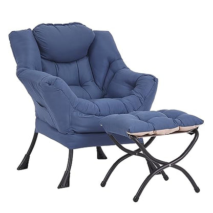Lazy Chair and Ottoman, Peach Blue Large Accent Chair with Side Pocket, Modern Leisure Upholstered Sofa Reading Armchair with Footrest for Office, Bedroom, Living Room, Dorm Rooms, Balcony