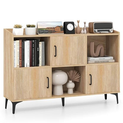 Storage Cabinet, Sideboard with 3 Doors, 3 Open Compartments, Bookcase with 5 Raised Metal Legs, Buffet Table, Bookshelf, Floor Cabinet for Living Room Display, Dining Room, Entryway, Oak