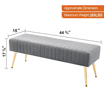 44 Inch Bedroom Benches, Upholstered Tufted Striped Fabric Ottoman Bench with X-Shaped Metal Legs for Living Room, Solid Wood Indoor Bench for Foyer (Grey)