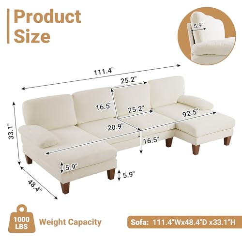 110" Sectional Couches for Living Room,U Shaped Couch with Double Chaise, 4-Seat Sofa Set with Chenille Fabric for Home Furniture,Beige