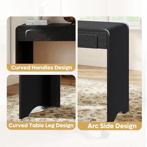 Computer Desk with 2 Drawers, 47 Inch Wood Home Office Desk, Small Writing Table with Curved Handles & Waterfall Rounded Edges, Cute Modern Desks for Bedroom Study Living Room, Black