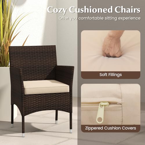 3 Piece Patio Furniture Set, Outdoor Wicker Patio Chairs with Soft Cushions & Tempered Glass Top Table, PE Rattan Bistro Set for Porch, Garden, Balcony (Beige)