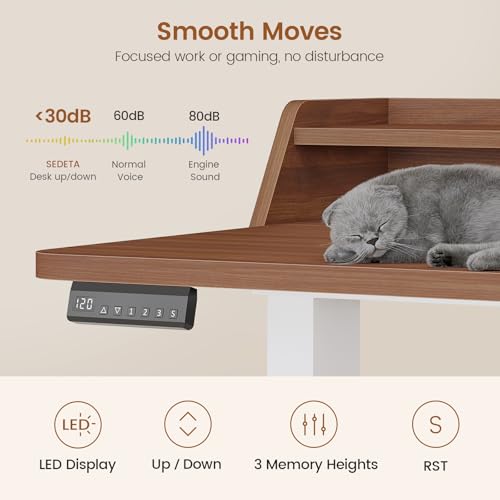 Standing Desk with Storage, 55" Fluted Stand Up Desk with Power Outlets & LED Lights, Height Adjustable Table with Monitor Shelf for Home Office, Gaming, Brown + White