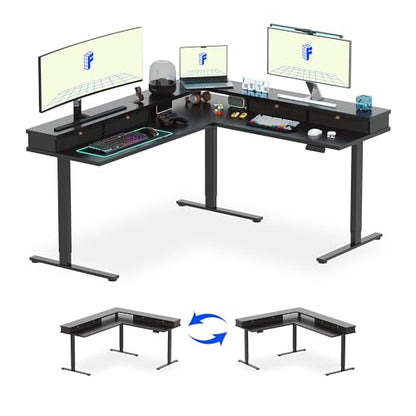 FLEXISPOT 71" Large L Shaped Standing Desk Electric Corner Table with Shelf, 4 Storage Drawers, Adjustable Computer Workstation for Home, Office, Game, Studio, Black Top + Black Frame