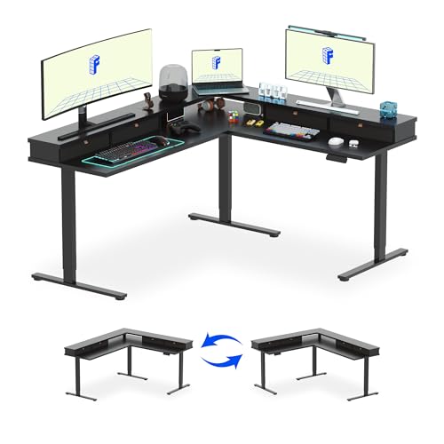 FLEXISPOT 71" Large L Shaped Standing Desk Electric Corner Table with Shelf, 4 Storage Drawers, Adjustable Computer Workstation for Home, Office, Game, Studio, Black Top + Black Frame
