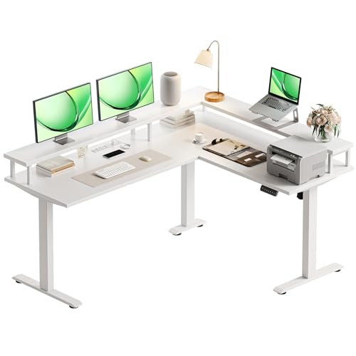 Electric L Shaped Standing Desk, 59 Inch Height Adjustable Stand Up Desk with Power Outlets ＆ Full Monitor Stand, Reversible Corner Desk for Home Office ＆ Computer Workstation, White