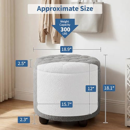 Modern Round Storage Ottoman, Upholstered Button Tufted Ottoman Footstool Ottomans with Removable Lid Storage Footstool for Living Room, Bedroom, Makeup Room, Teddy, Grey