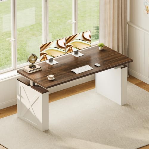 Farmhouse 55 Inch Electric Standing Desk, Walnut+White, view 2
