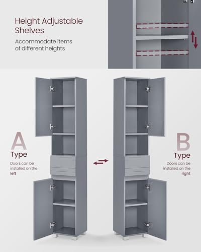 VASAGLE Tall Storage Cabinet, Slim Freestanding Storage Cabinet with a Drawer, Adjustable Shelves, Open Compartment, for Small Spaces, Bathroom, Mystic Gray UBBC560P36