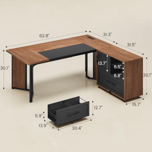 63" Executive Desk with Mobile File Cabinet, Large Office Desk with Drawer, view 3