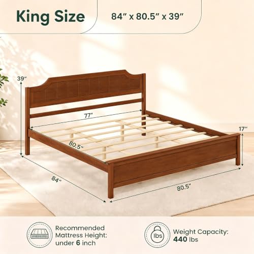 King Size Bed Frame with Headboard, Wood Platform Bed (Walnut), view 3