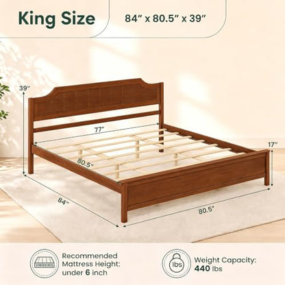 King Size Bed Frame with Headboard, Wood Platform Bed (Walnut), view 3
