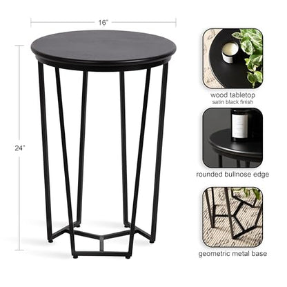 Solvay Round Metal and Wood Side Table; 16 x 16 x 24; Black; Modern Bedroom Nightstand Table with Solid Mango Wood Tabletop and Iron Base