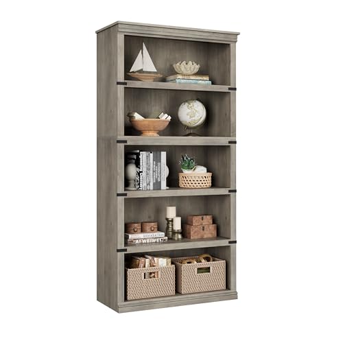 5 Tier Bookcase, Farmhouse Book Shelf with Storage Open Display Bookshelves, 67.4" Tall Book Case Wooden 5 Shelf Bookcase Home Decor Furniture for Home Office, Living Room, Bed Room - Grey