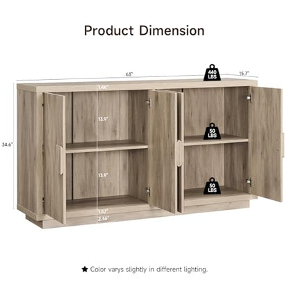 63" Sideboard Buffet Cabinet, Wooden Kitchen Coffee Bar, Light Grey, view 3