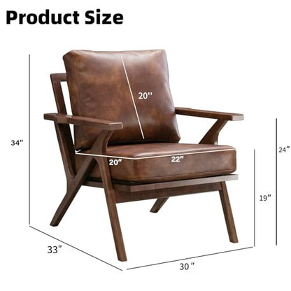 Mid-Century Modern Accent Chair with Wood Frame, PU Leather Living Room Chair and Soft Thick Padded Armchair for Living Room Bedroom Reception with Removable Upholstered Cushions, Reddish Brown