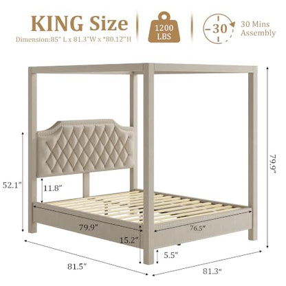 Upholstered King Size Bed Frame with Canopy Poles and Headboard, view 3