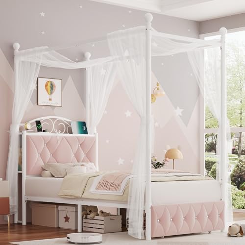 Twin Upholstered Canopy Bed Frame with Drawer & Crystal Tufted Storage, view 2