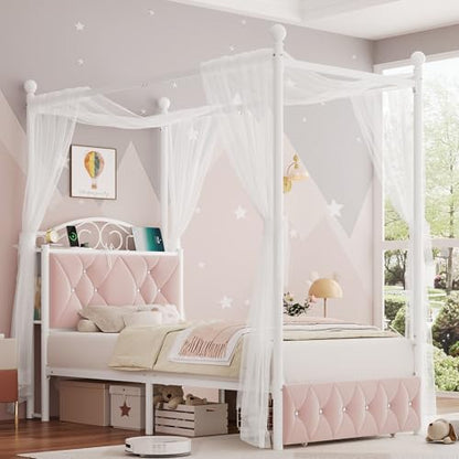 Twin Upholstered Canopy Bed Frame with Drawer & Crystal Tufted Storage, view 2