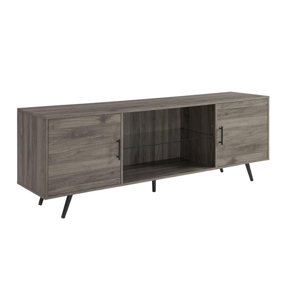 Saxon Mid Century Modern 2 Door Glass Shelf TV Stand for TVs up to 80 Inches, 70 Inch, Grey