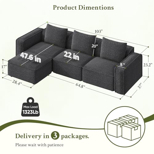 103" Sectional Couch, Locked-in Modular Sectional Sofa, Wood Frame Couches for Living Room, 22" Deep Seat L Shaped Couch with Ottoman Chenille Cloud Sofa Tool-Free Setup Sofas for Living Room