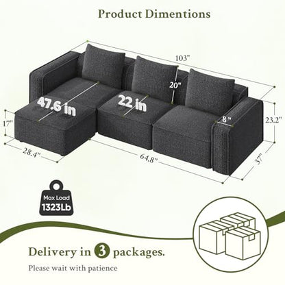103" Sectional Couch, Locked-in Modular Sectional Sofa, Wood Frame Couches for Living Room, 22" Deep Seat L Shaped Couch with Ottoman Chenille Cloud Sofa Tool-Free Setup Sofas for Living Room