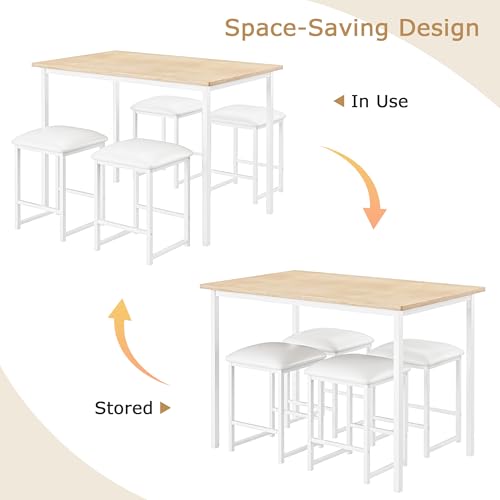 Kitchen Table and Chairs for 4, Dining Room Set with PU Chairs/Stools, Heavy-Duty Metal Frame, Wooden Tabletop, Space-Saving Design for Small Spaces, Easy Assembly, Oak
