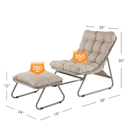Outdoor Lounge Chair with Foot Stool, Comfy Sling Recliner Chair with Puffy Cushion and Foot Rest, Modern Patio Furniture Set for Porch Deck Garden, Champagne Gray