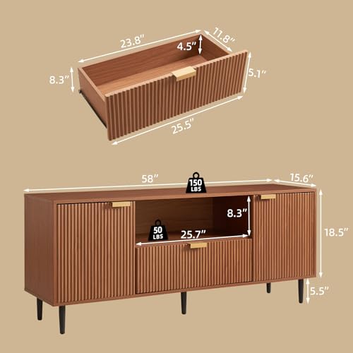 Modern Fluted TV Stand for 65 Inch TVs with Drawer, Walnut, view 3