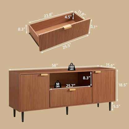 Modern Fluted TV Stand for 65 Inch TVs with Drawer, Walnut, view 3