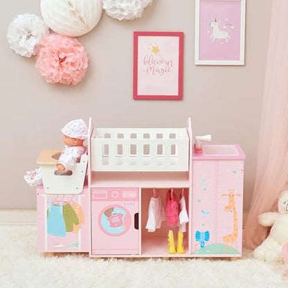 Olivia's Little World Amanda 6-in-1 Wooden Doll Nursery Station, Pink/Multi | Rocking Cradle, High Chair, Storage, Washing Machine and Sink, For 3 yrs and up