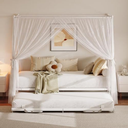 Twin Daybed with Trundle, Canopy Bed with Pop Up Trundle, White, view 2
