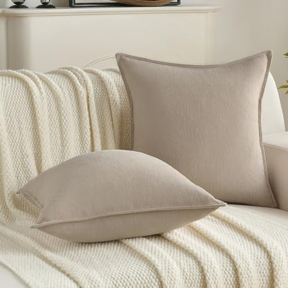 Pack of 2 Solid Chenille Throw Pillow Covers 24x24 Inch Soft Edge Decorative European Cushion Cases Farmhouse Accent for Couch Bed Living Room, Oatmeal