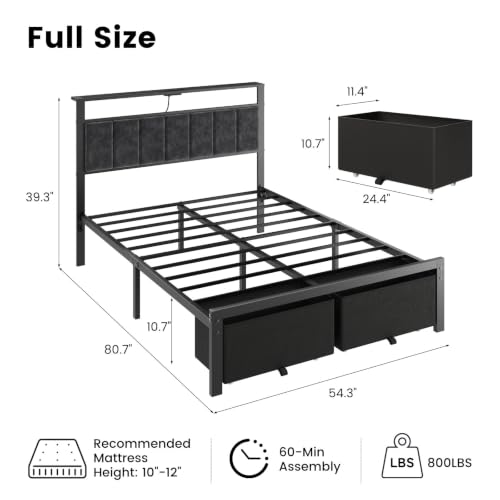 Full Size Bed Frame with Upholstered Headboard and 2 Storage Drawers, view 3