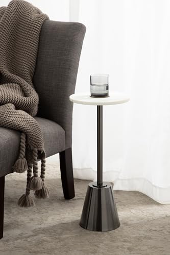 Tira Elegant Round Drink Table, 10 x 22, White Marble and Gray Gunmetal, Modern Glam Circle Martini Table for Use as a Small Bedroom Nightstand or Living Room Plant Stand Option