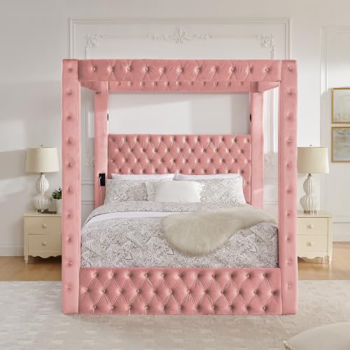 Queen Size Velvet Canopy Bed with Button Tufted Headboard, Pink, view 4