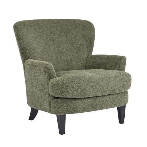 Colby Boucle Upholstered Club Chair, Living Room Accent Chair, Wooden Frame, Flared Armrest, Plush Thick Cushion, Reading Lounge Chair, Space-Saving Furniture, Olive Green