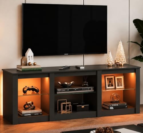 Modern LED TV Stand for 65 70 Inch TV, 58" Entertainment Center with Adjustable Glass Shelves & RGB Lights, Wood Media Console Table for Living Room, Bedroom, Gaming Room, Black