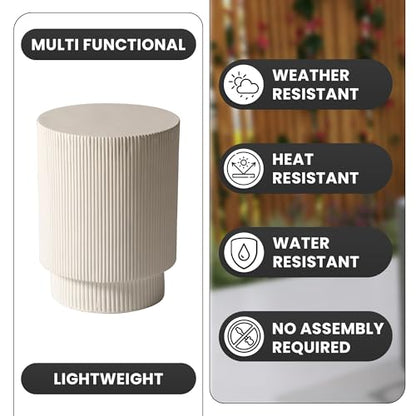 Modern Side Table Round Fiberstone Top Accent End Table for Home, Outdoor Patio, Living Room Sofa, Weather-Resistant, Eden Series in White